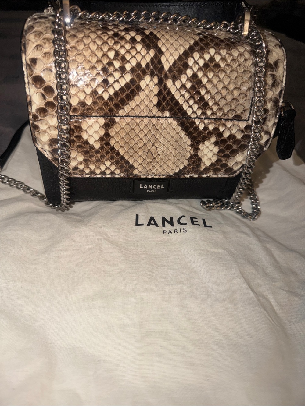 Lancel Snake-Print Leather Crossbody Bag in Brown & Cream pristine condition